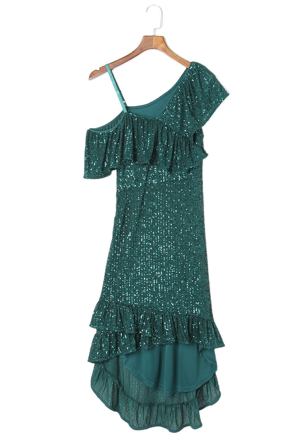 Green One-Shoulder Sling Ruffled Sequin Dress Sequin Dresses JT's Designer Fashion