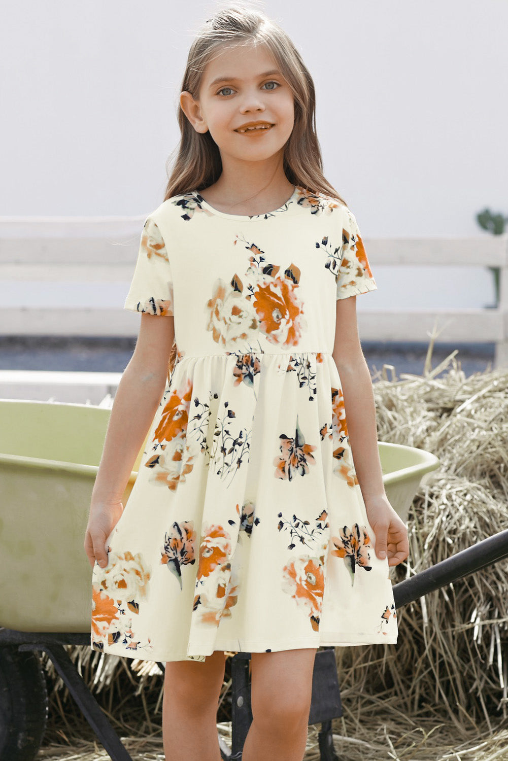 Girls Floral Short Sleeve Round Neck Dress Cream Girls Dresses JT's Designer Fashion