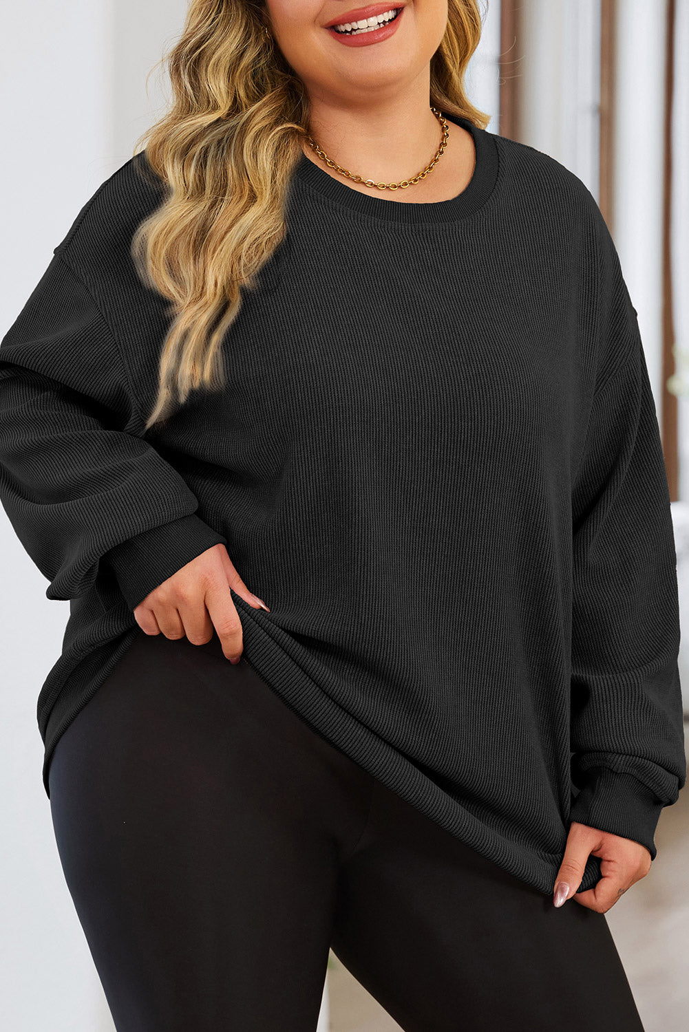 Black Plus Size Corded Round Neck Sweatshirt Plus Size JT's Designer Fashion