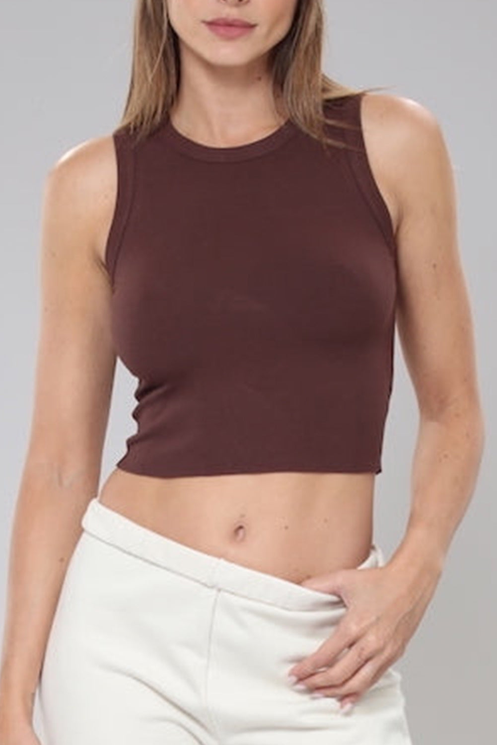 Coffee Solid Color Crop Active Tank Top Coffee 2-2-2 RayonSpandex Tank Tops JT's Designer Fashion