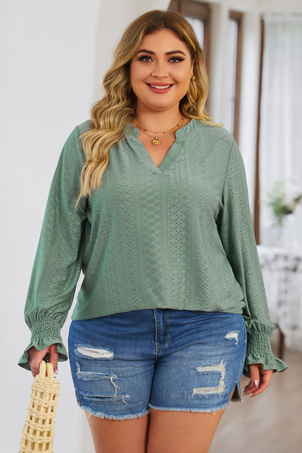 Green Eyelet Embroidered Split Neck Flounce Sleeve Curvy Top Plus Size JT's Designer Fashion