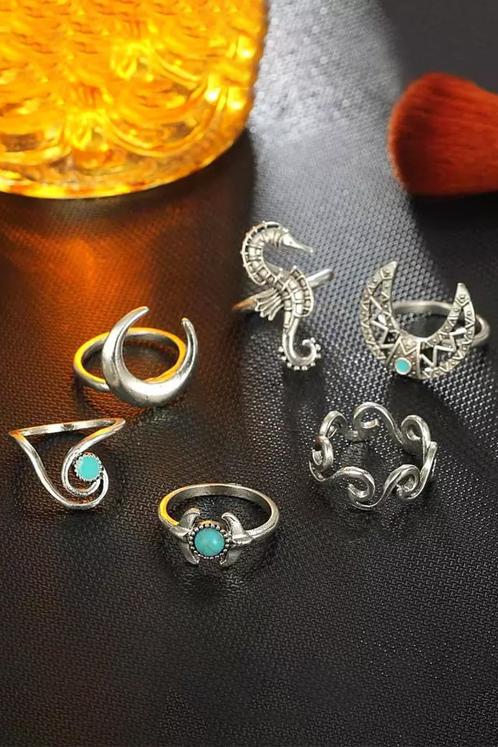 Silver 6Pcs Moon Turquoise Alloy Open Ring Set Jewelry JT's Designer Fashion