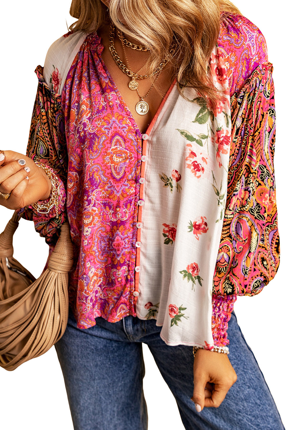 Multicolor Floral Patchwork Shirred Cuff Buttoned V Neck Blouse Tops & Tees JT's Designer Fashion