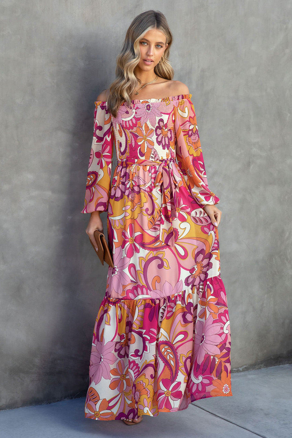 Multicolour Boho Floral Off Shoulder Puff Sleeve Maxi Dress Dresses JT's Designer Fashion