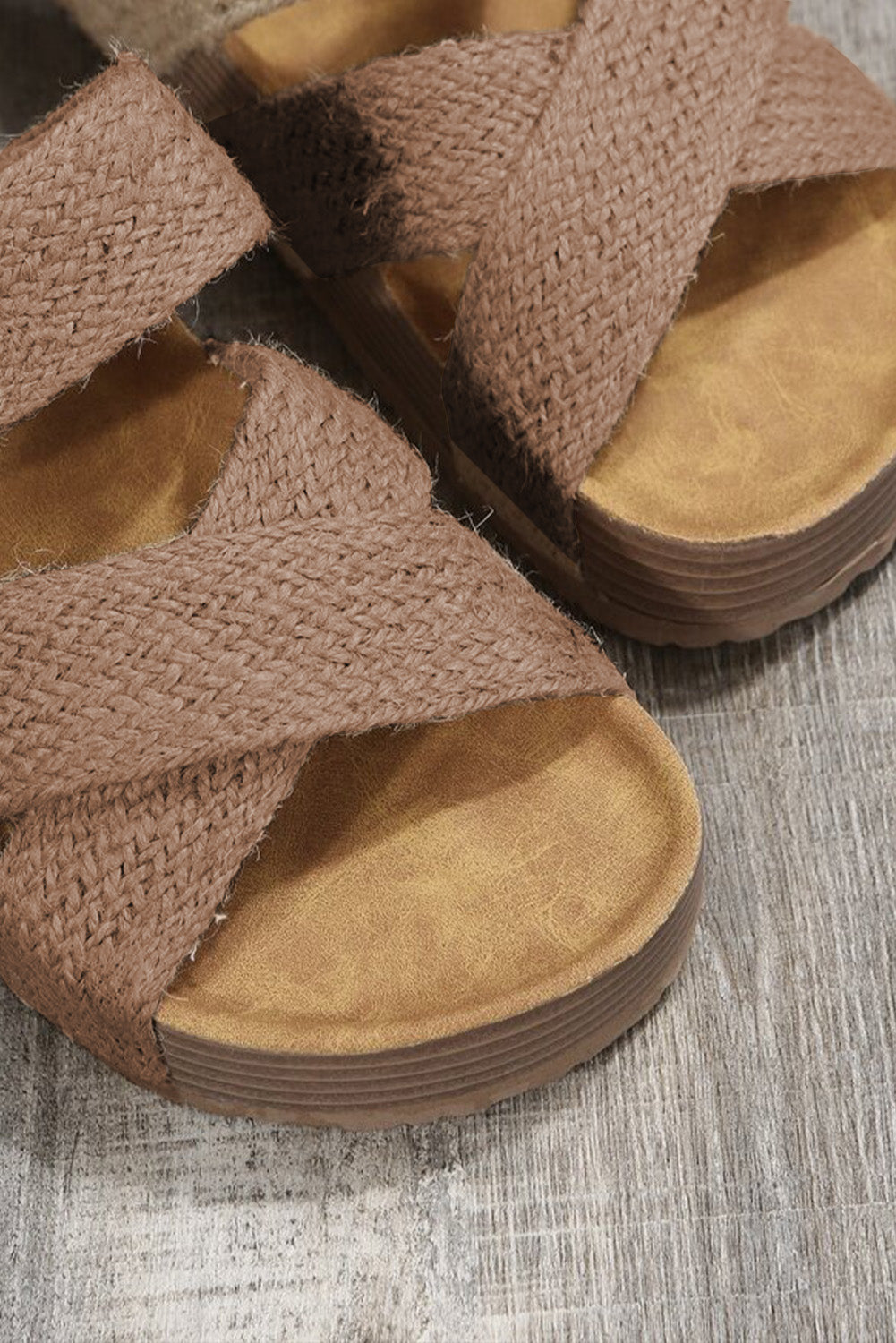 Brown Linen Woven Cross Criss Hollowed Slip-On Slippers Slippers JT's Designer Fashion