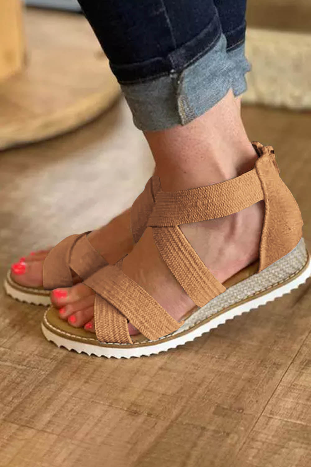 Brown Criss Cross Strappy Zipped Low Wedge Sandals Sandals JT's Designer Fashion