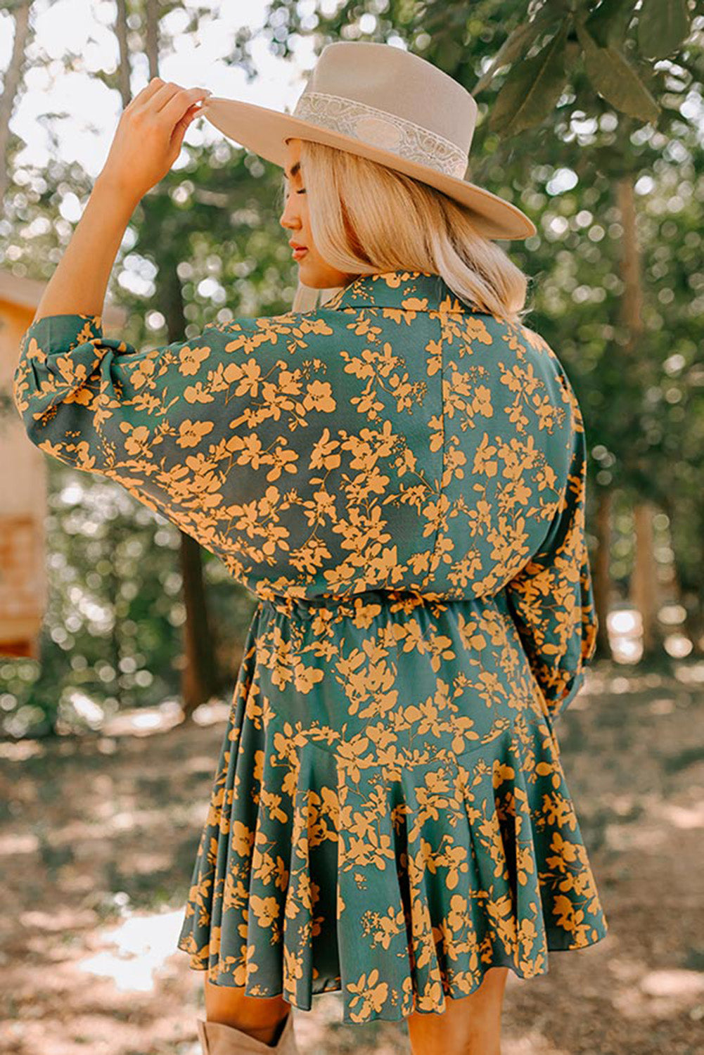 Yellow Printed Floral Bracelet Sleeve Tied Waist Ruffled Dress Dresses JT's Designer Fashion