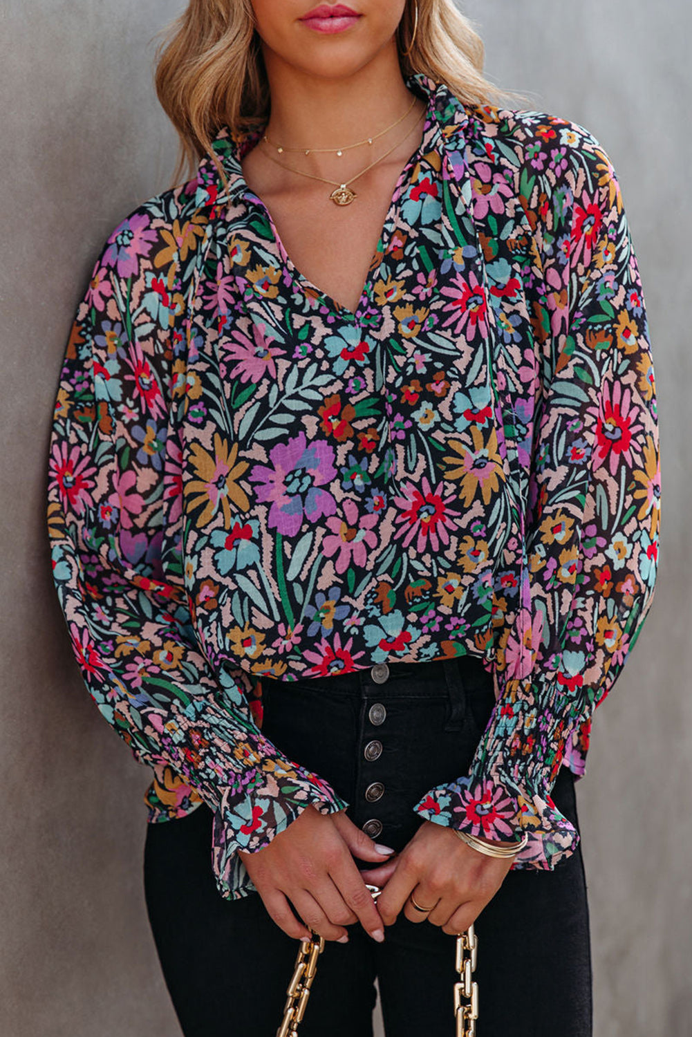 Multicolor Floral Print Ruffled Long Sleeve V-Neck Blouse Multicolor 1-2-2-2 100%Viscose Blouses & Shirts JT's Designer Fashion