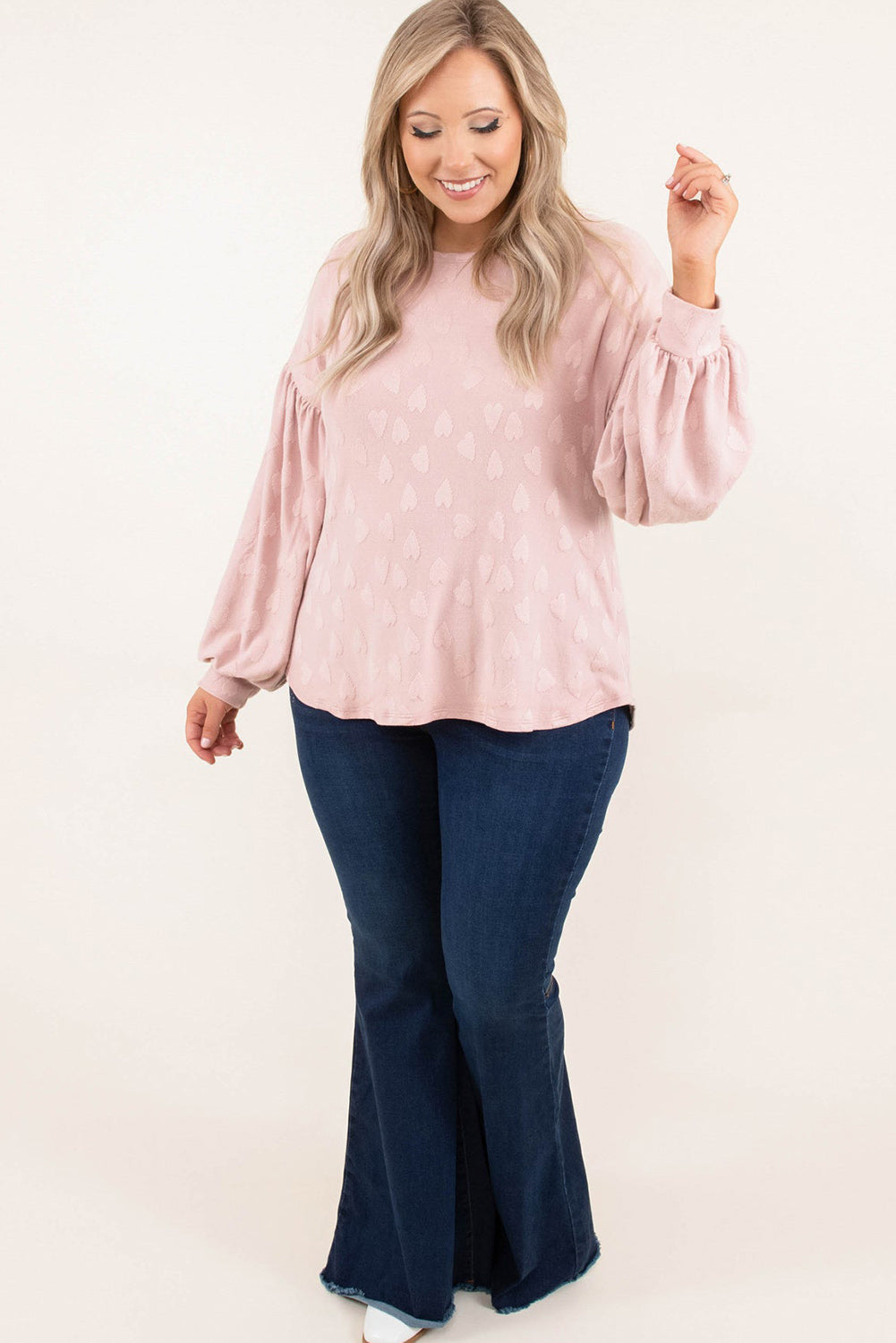 Light Pink Heart Pattern Lantern Sleeve Drop Shoulder Plus Top Plus Size JT's Designer Fashion