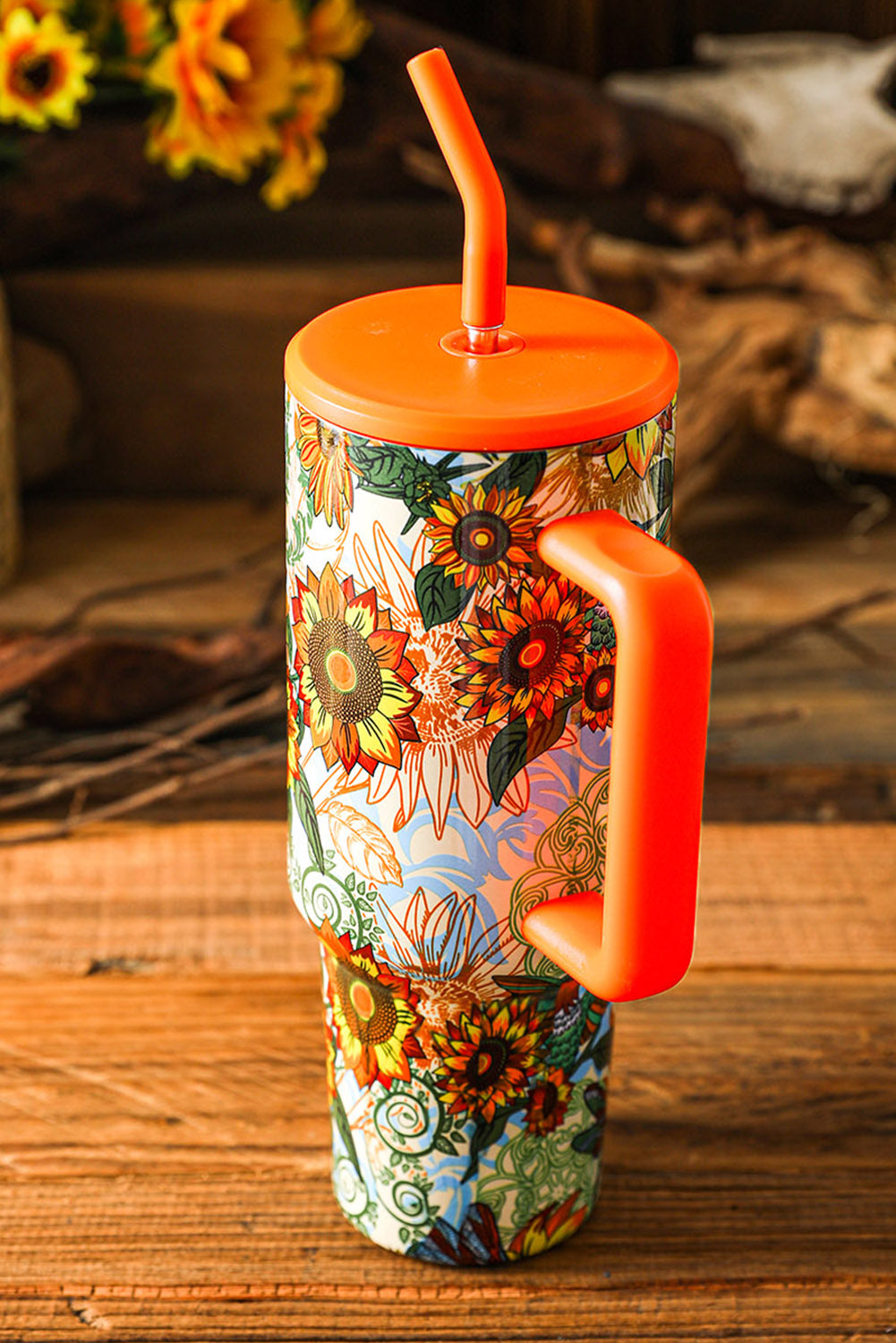 Orange 40oz Sunflower Dragonfly Print Stainless Tumbler Tumblers JT's Designer Fashion