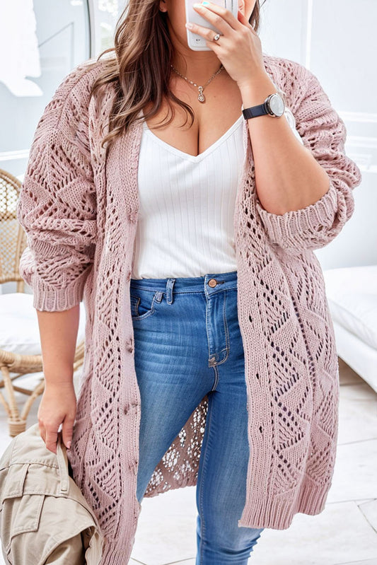 Pink Open Knit Button-Up Plus Size Cardigan Plus Size JT's Designer Fashion