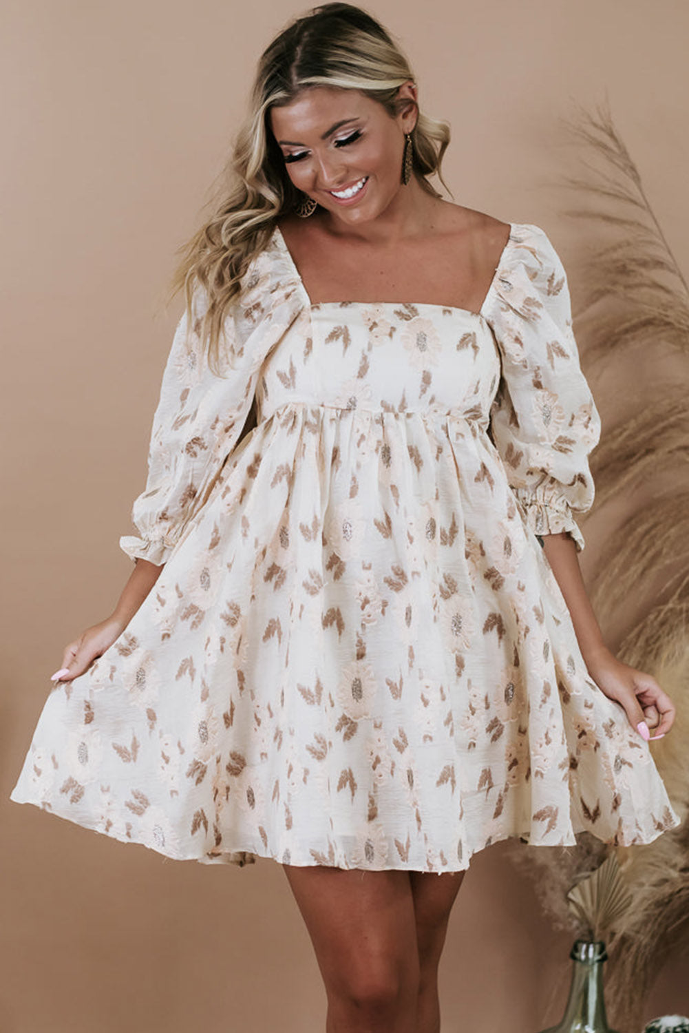 White Plus Size Floral Bubble Sleeve Square Neck Ruffled Dress Plus Size JT's Designer Fashion