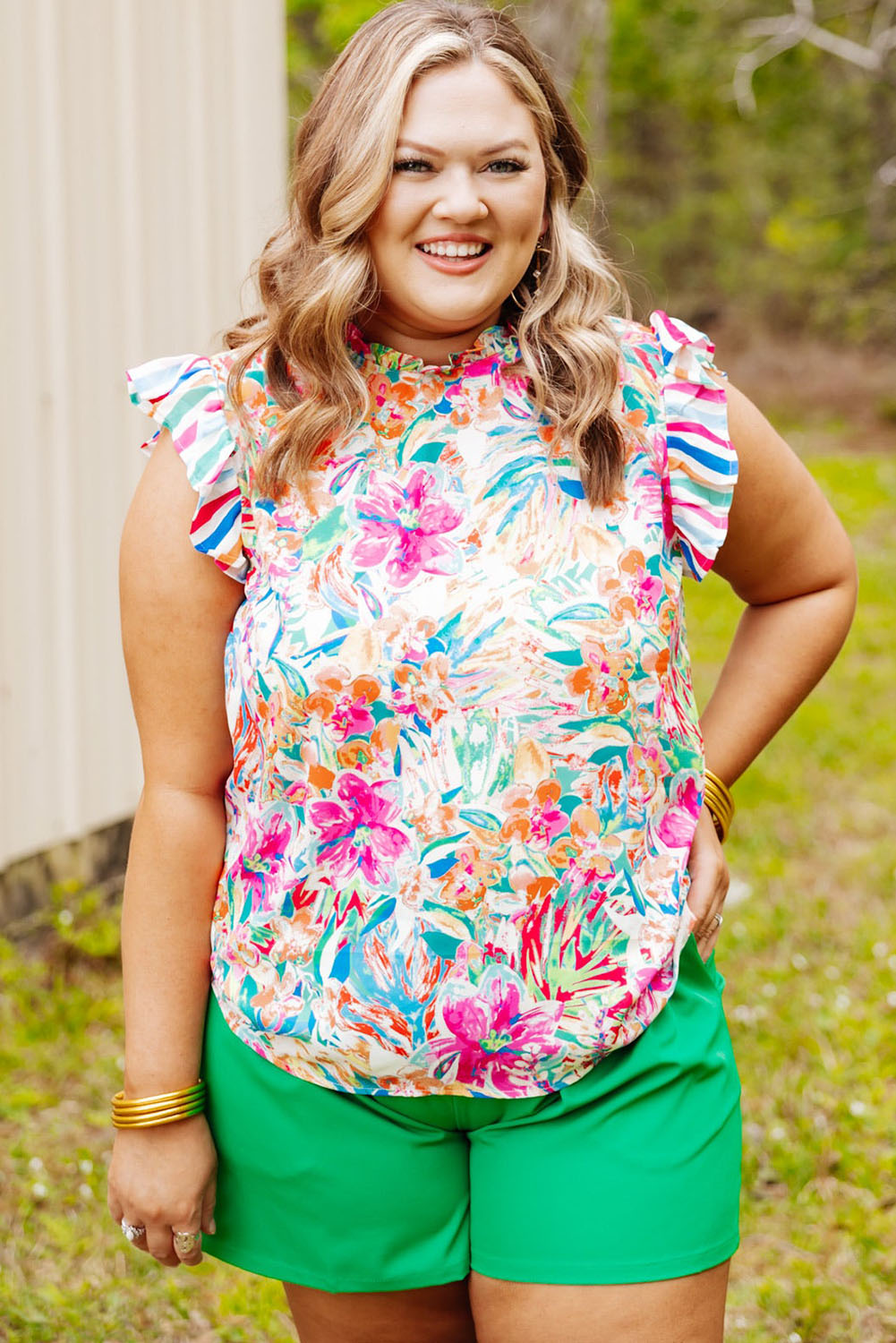 Multicolor Plus Sizie Striped Ruffle Sleeve Floral Blouse Plus Size JT's Designer Fashion