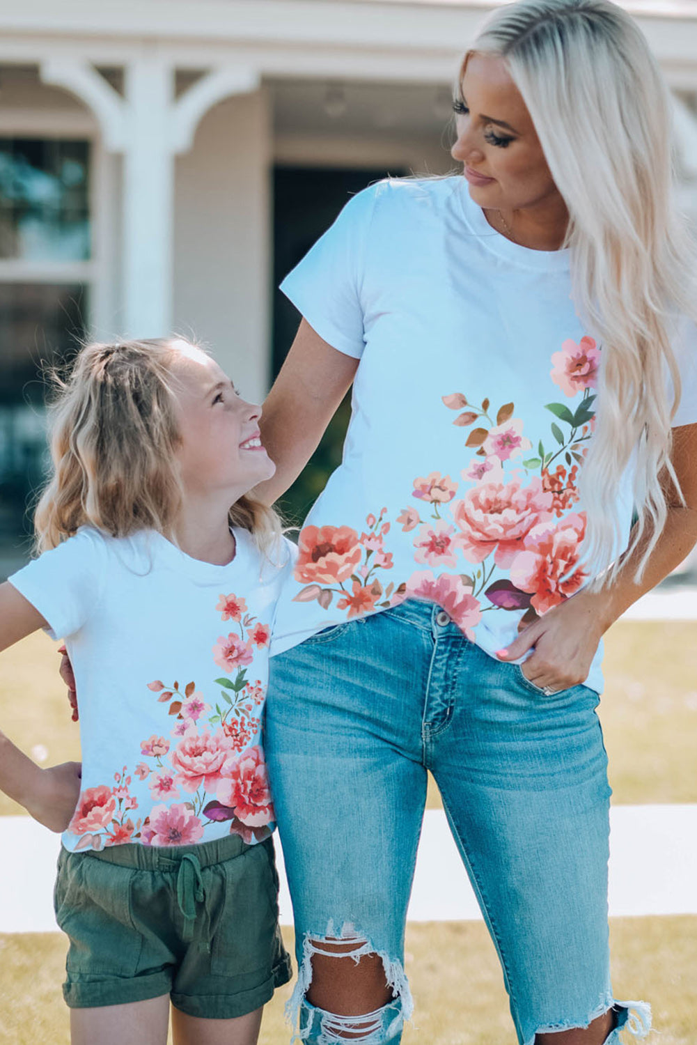 White Mother and Me Floral Print Short Sleeve Girl's T Shirt Family T-shirts JT's Designer Fashion