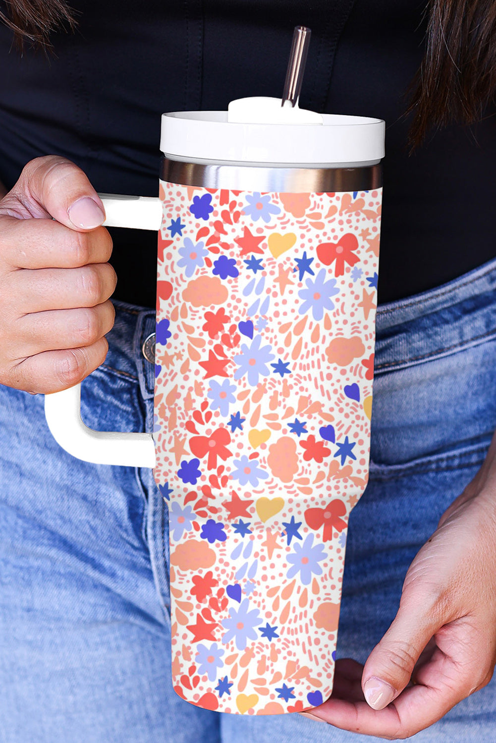 White Festive Printed Stainless Thermos Cup with Handle Tumblers JT's Designer Fashion