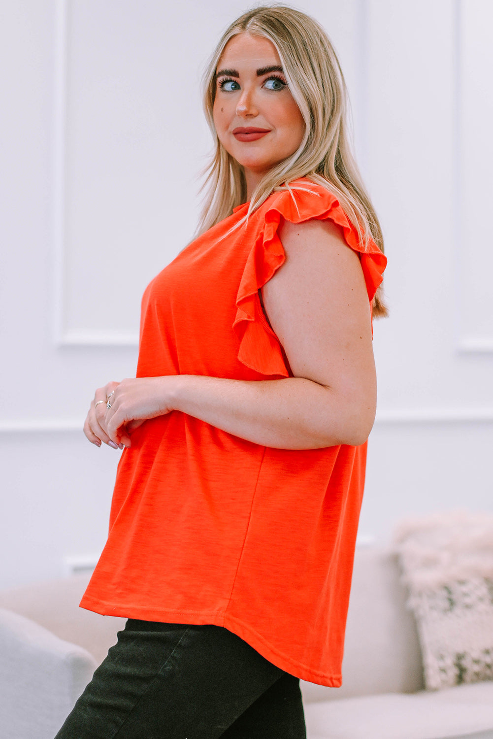 Orange White White V Neck Ruffle Sleeve Plus Size Top Plus Size JT's Designer Fashion