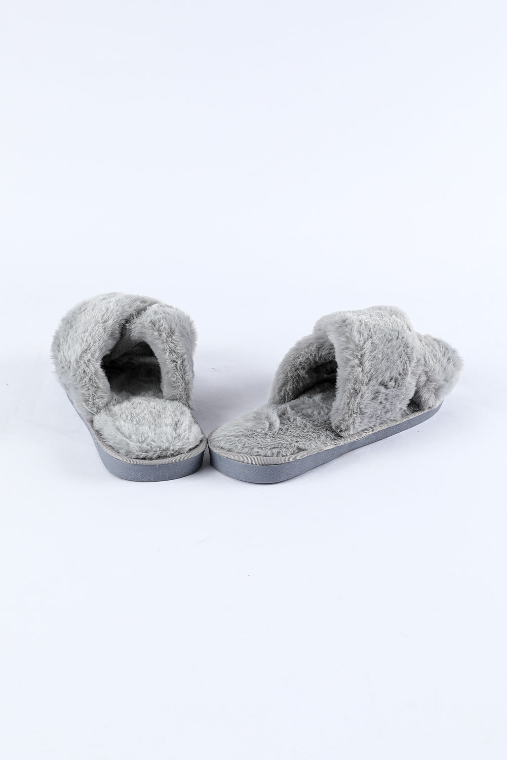 Gray Crossed Straps Winter Furry Slippers Slippers JT's Designer Fashion