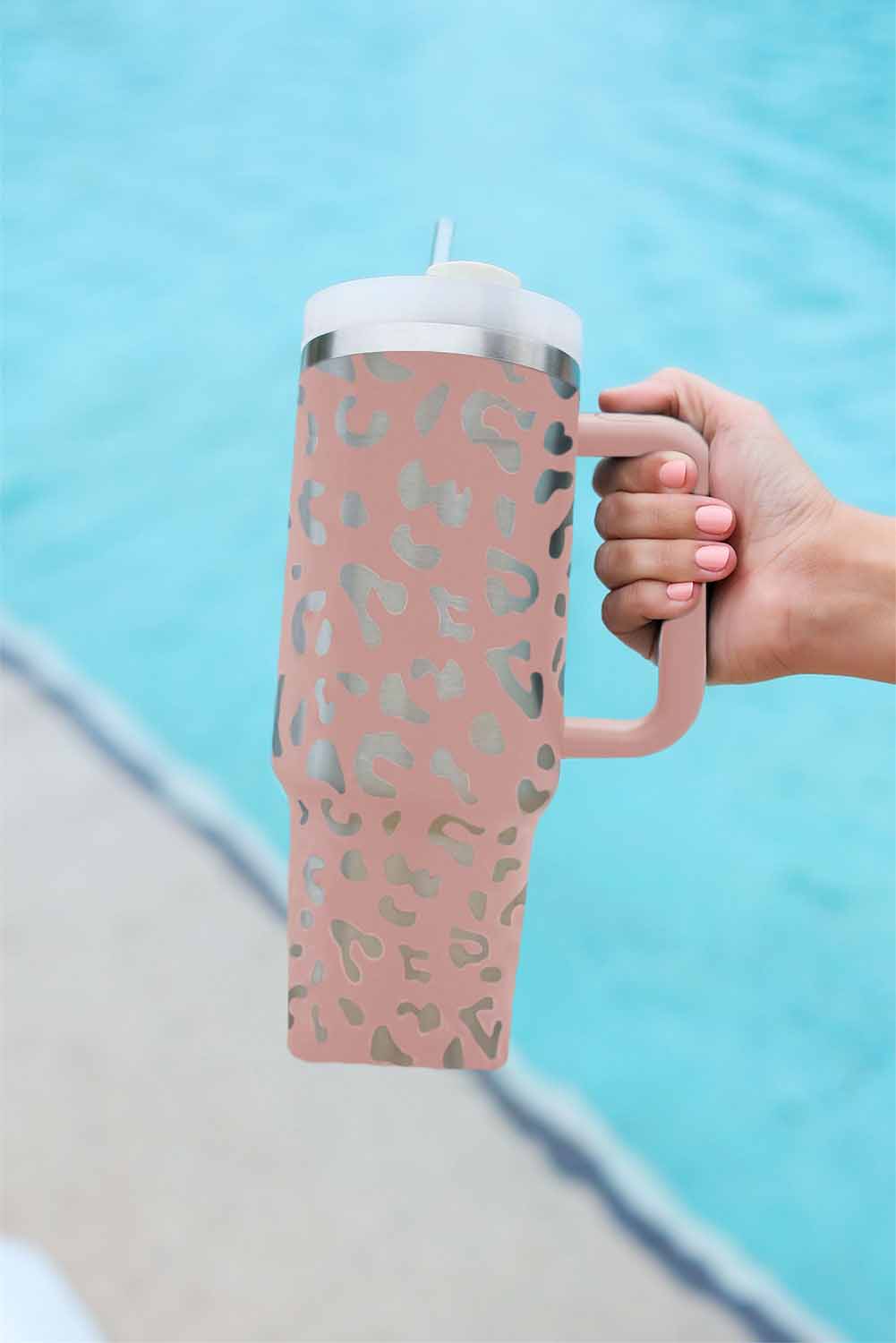 Pink Leopard Print 40OZ Stainless Steel Portable Cup with Handle Tumblers JT's Designer Fashion