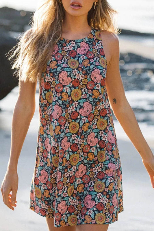 Multicolor Vintage Floral Print Keyhole Back Sleeveless Mini Dress Mini Dresses JT's Designer Fashion