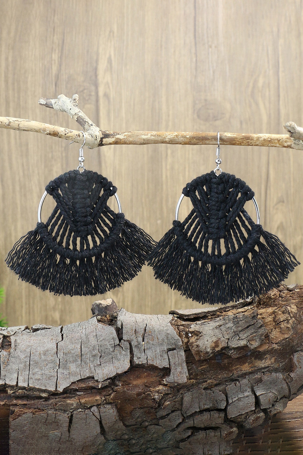 Black Crochet Tassel Fan-shaped Drop Earrings Jewelry JT's Designer Fashion