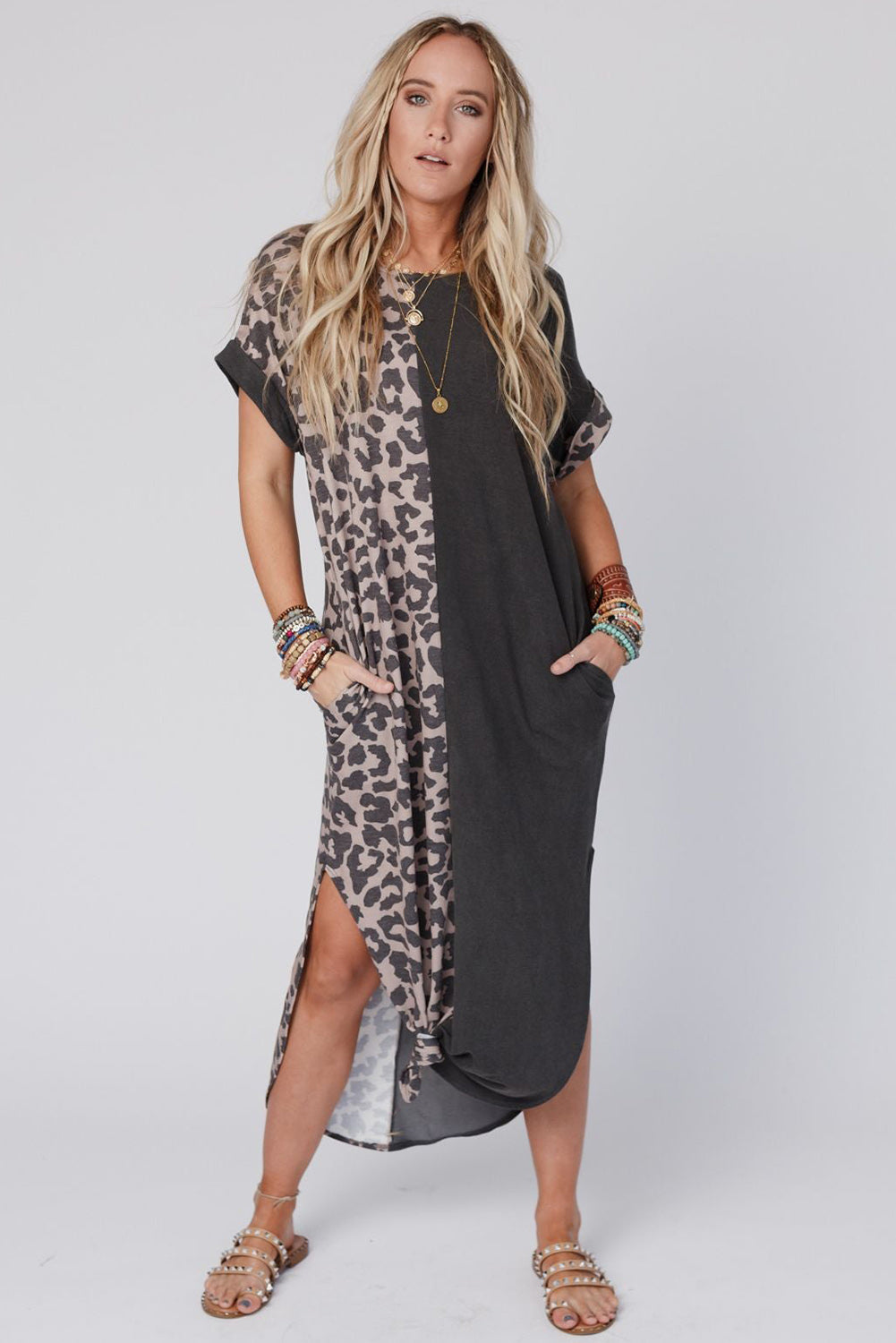 Black Contrast Solid Leopard Short Sleeve T-shirt Dress with Slits T Shirt Dresses JT's Designer Fashion