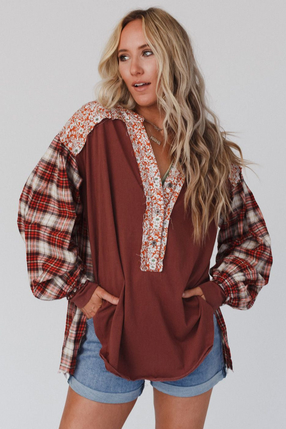 Red Floral Plaid Mixed Print Bishop Sleeve Patchwork Top with Slits Tops & Tees JT's Designer Fashion