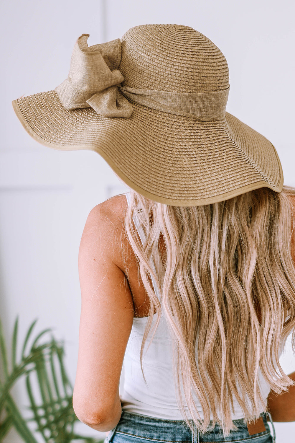 Khaki Ribbon Bow Decor Wide Brim Straw Hat Hats & Caps JT's Designer Fashion