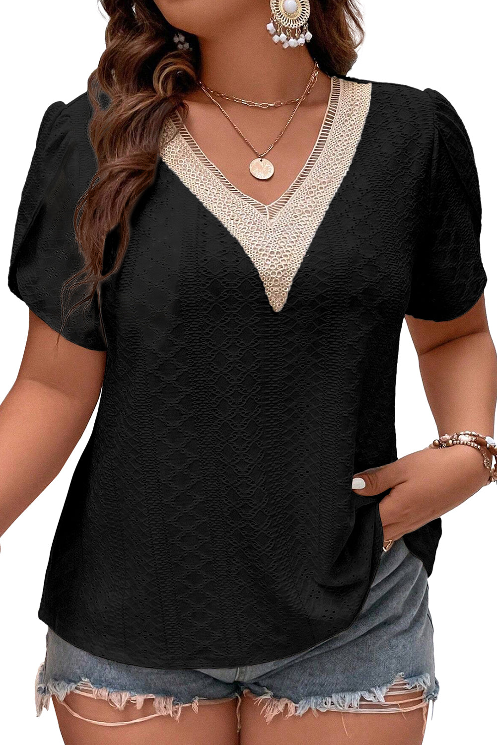 Black Guipure V Neck Plus Size Eyelet Embroidered Top Plus Size JT's Designer Fashion