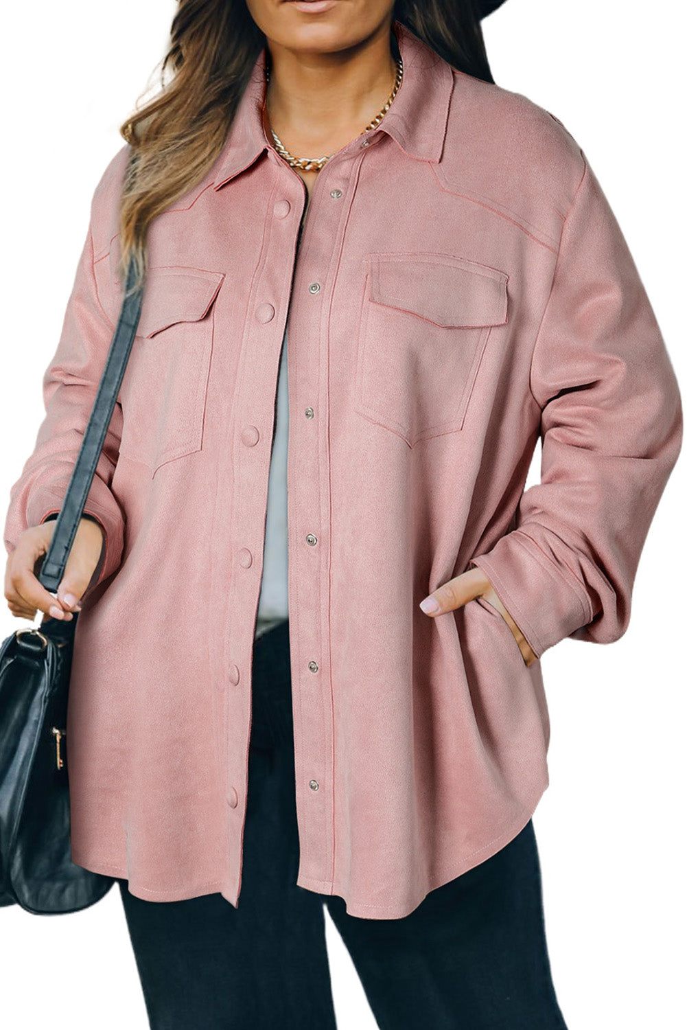 Pink Faux Suede Flap Pocket Plus Size Jacket Plus Size JT's Designer Fashion