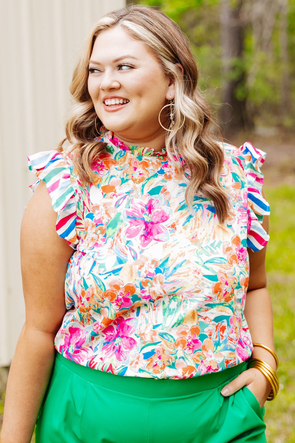 Multicolor Plus Sizie Striped Ruffle Sleeve Floral Blouse Plus Size JT's Designer Fashion