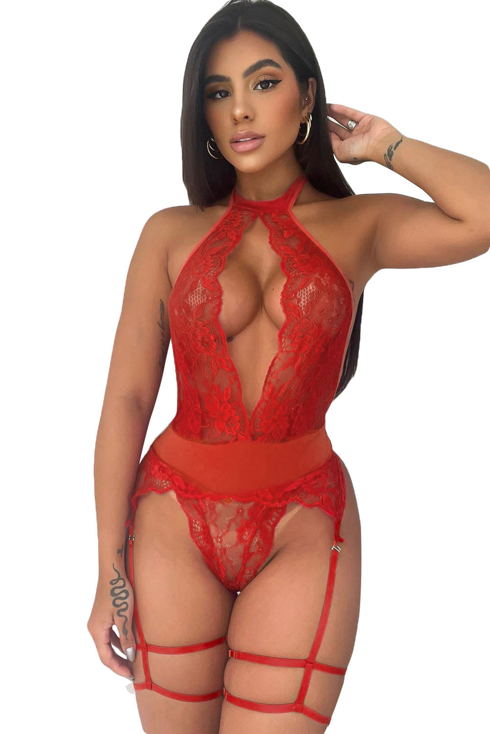 Red Scalloped Cutout Front Halterneck Teddy Lingerie Teddy Lingerie JT's Designer Fashion