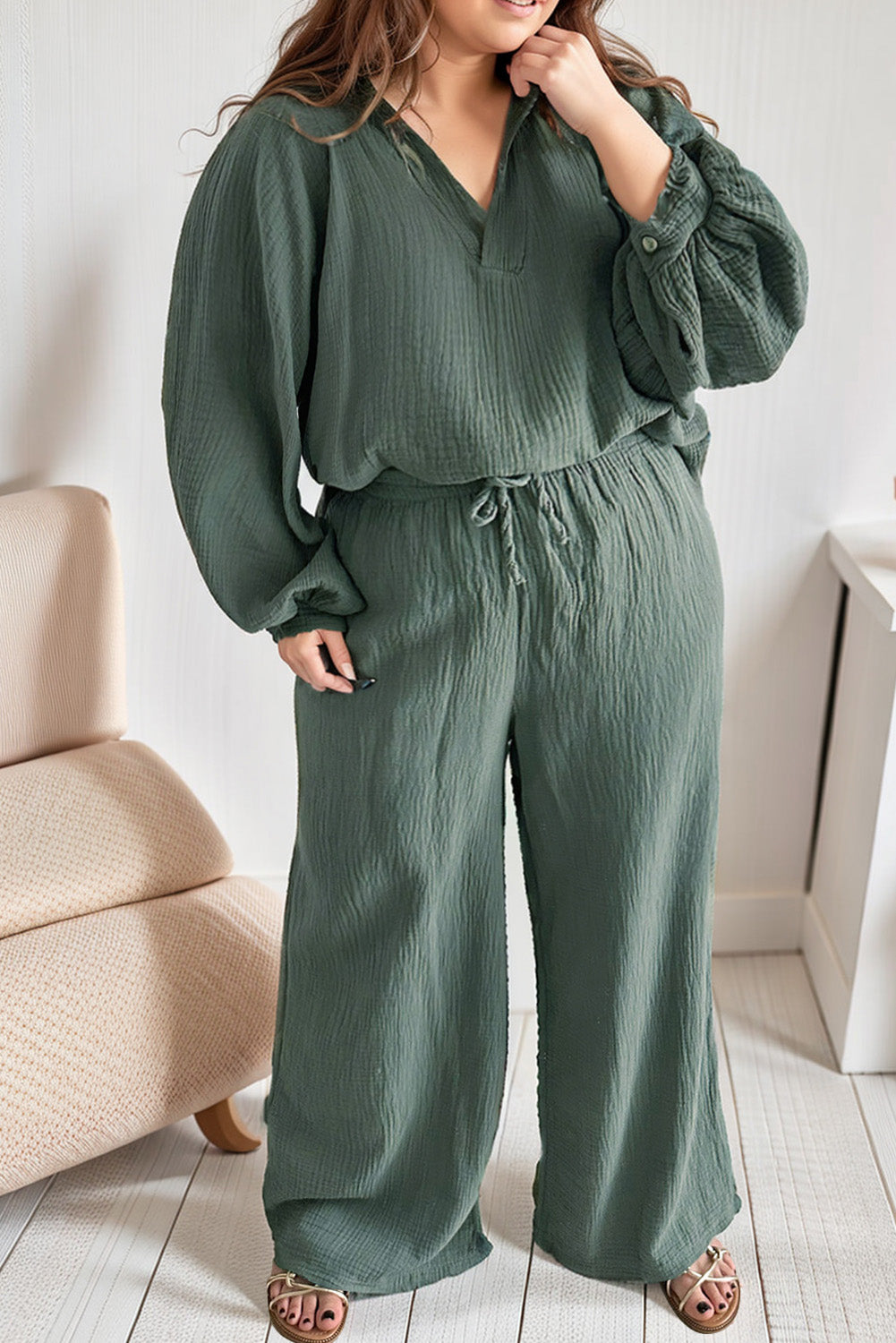 Mist Green Plus Size Crinkle Split Neck Drawstring Pants Set Plus Size JT's Designer Fashion