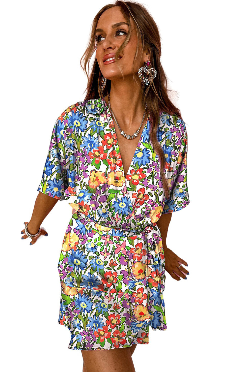 Multicolor Boho Floral Print Surplice V Neck Short Dress Dresses JT's Designer Fashion