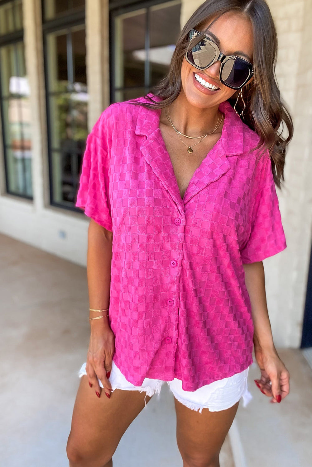 Bright Pink Lapel Neck Checkered Textured Shirt Tops & Tees JT's Designer Fashion