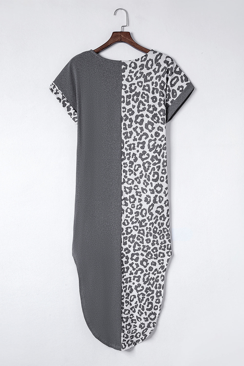 Gray Contrast Solid Leopard Short Sleeve T-shirt Dress with Slits T Shirt Dresses JT's Designer Fashion