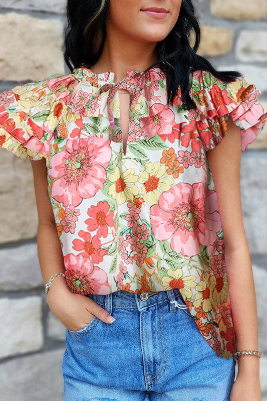 Multicolor Rose Ruffle Flutter Sleeve Floral Print Blouse Tops & Tees JT's Designer Fashion