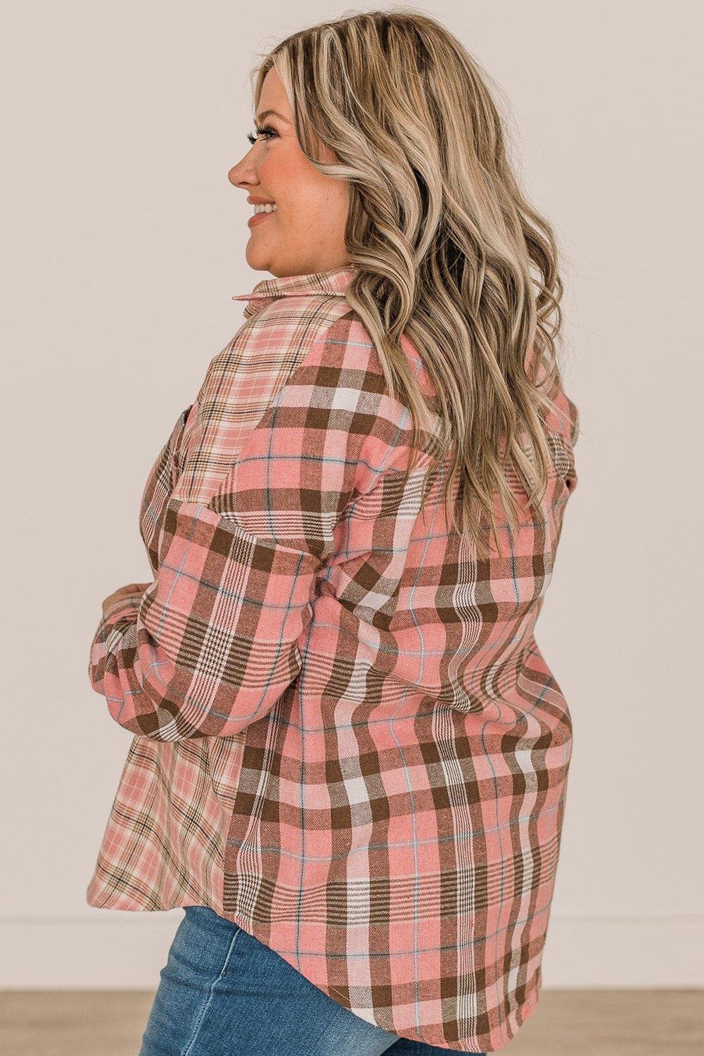 Pink stand-by-you-button-down-plaid-top-pink Plus Size JT's Designer Fashion