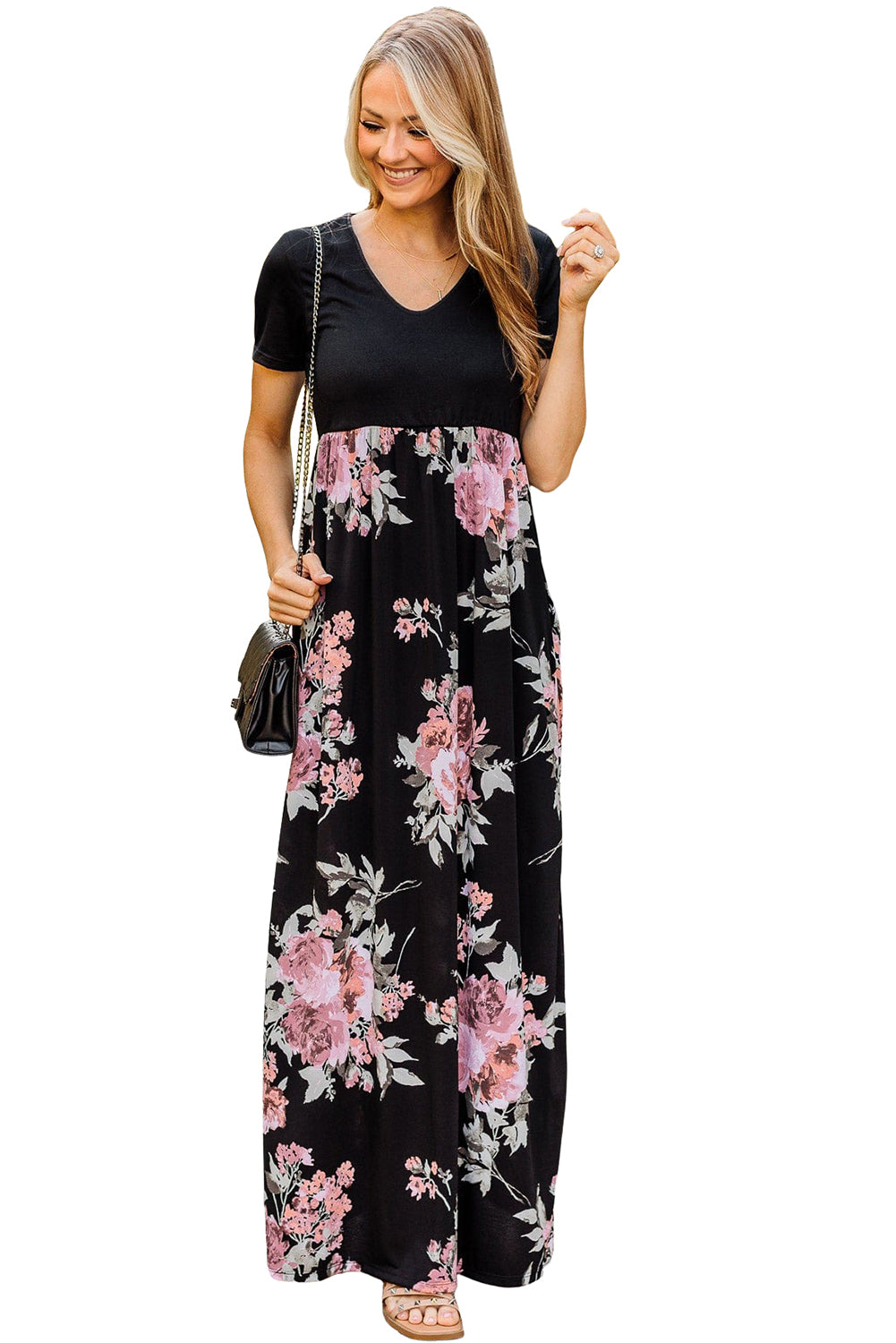 Black Contrast Floral Empire Waist Maxi Dress Maxi Dresses JT's Designer Fashion