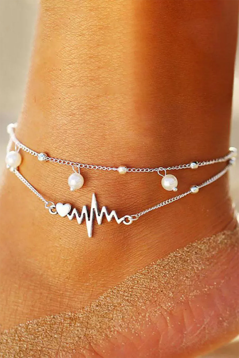 Silver Valentine Heart ECG Heartbeat Pearl Dual-Layered Anklet Jewelry JT's Designer Fashion