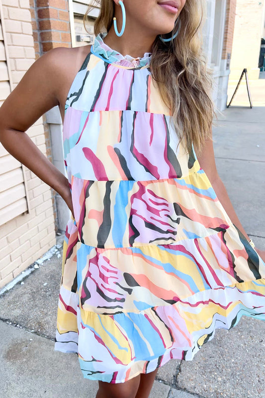 Multicolor Abstract Print Sleeveless Tiered Flowy Dress Mini Dresses JT's Designer Fashion