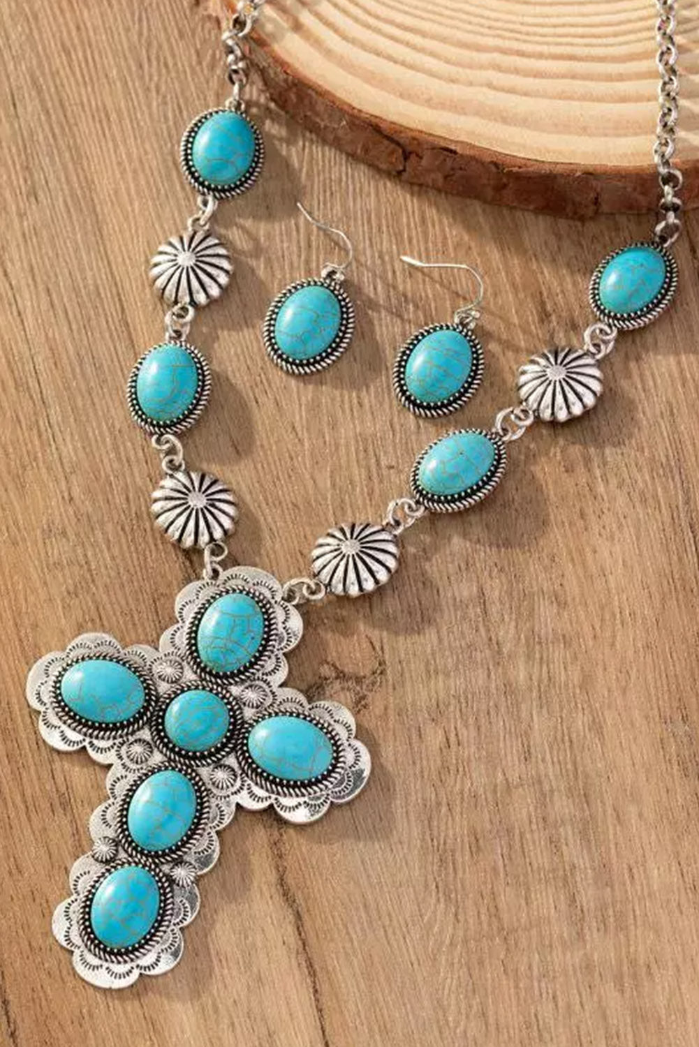 Silver 3Pcs Turquoise Cross Necklace And Earrings Set Jewelry JT's Designer Fashion