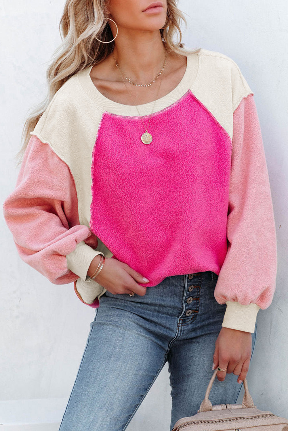 Barbie Style Rose Colorblock Long Sleeve Pullover Fleece Sweatshirt Sweatshirts & Hoodies JT's Designer Fashion