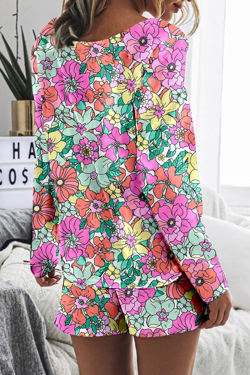 Multicolor Flower Print Long Sleeve Pullover and Drawstring Shorts Lounge Set Loungewear JT's Designer Fashion