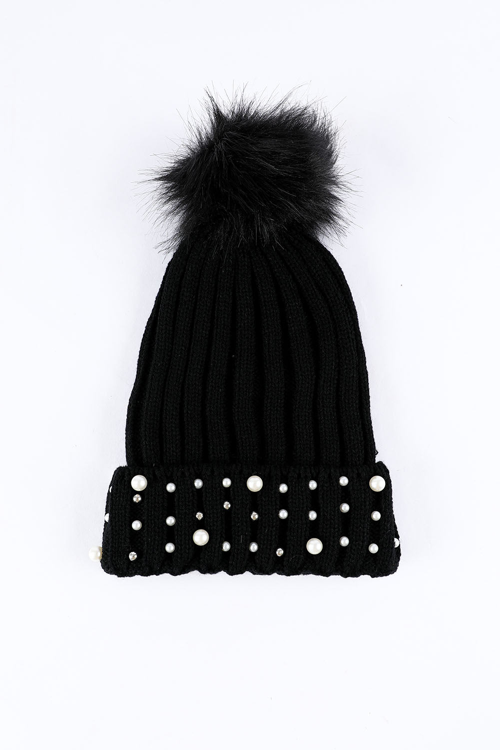 Black Faux Pearl & Pompom Decor Cuff Beanie Hats & Caps JT's Designer Fashion