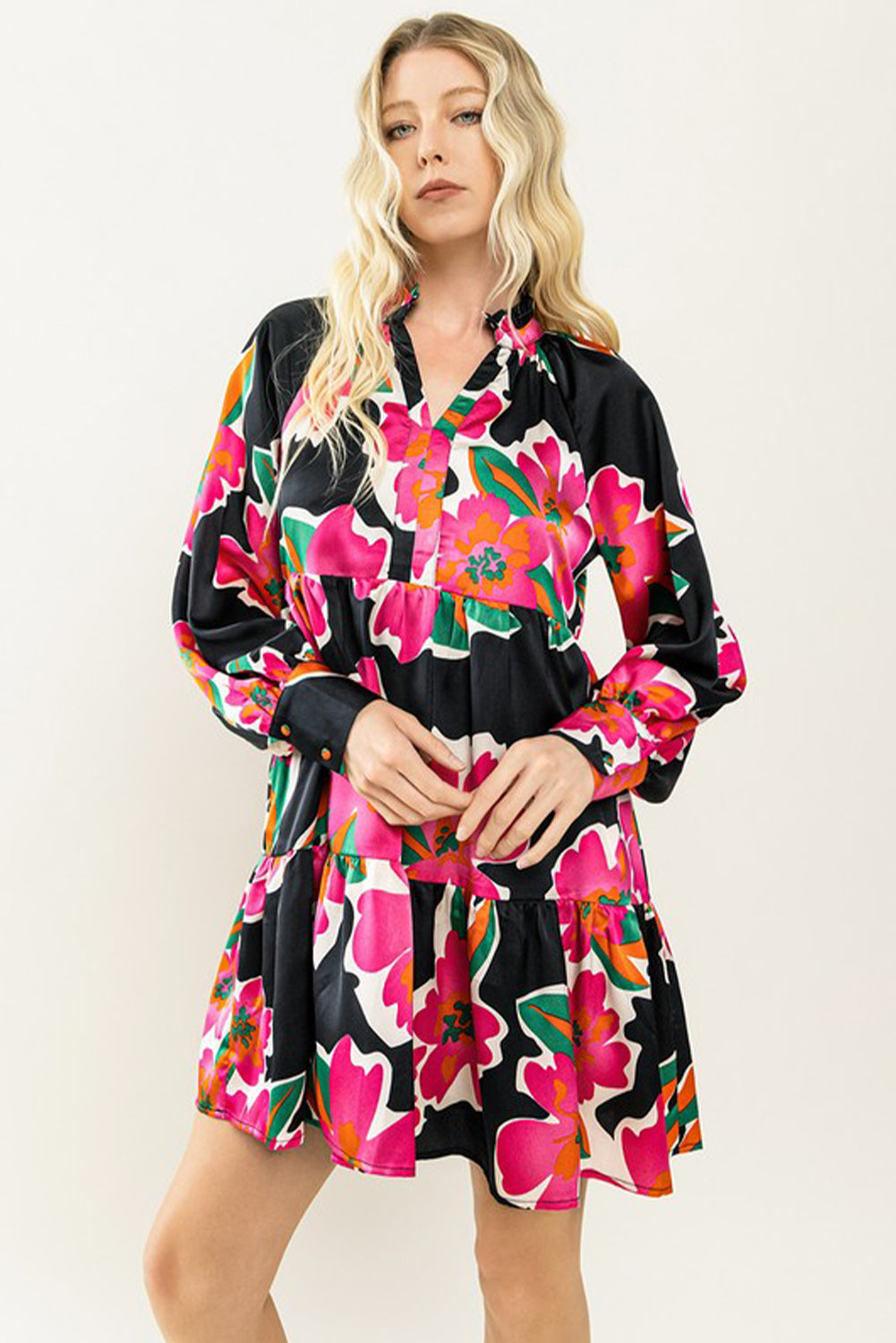 Multicolour Frill Collar Split Neck Long Sleeve Floral Dress Floral Dresses JT's Designer Fashion