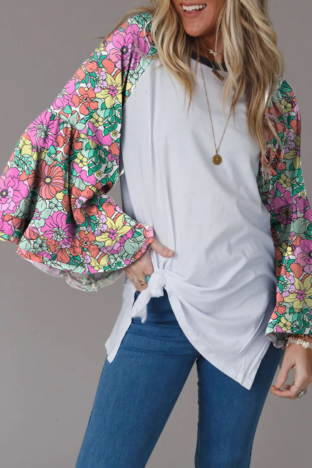 Multicolor-2 Floral/Geometric Print Raglan Sleeve Split Top Tops & Tees JT's Designer Fashion