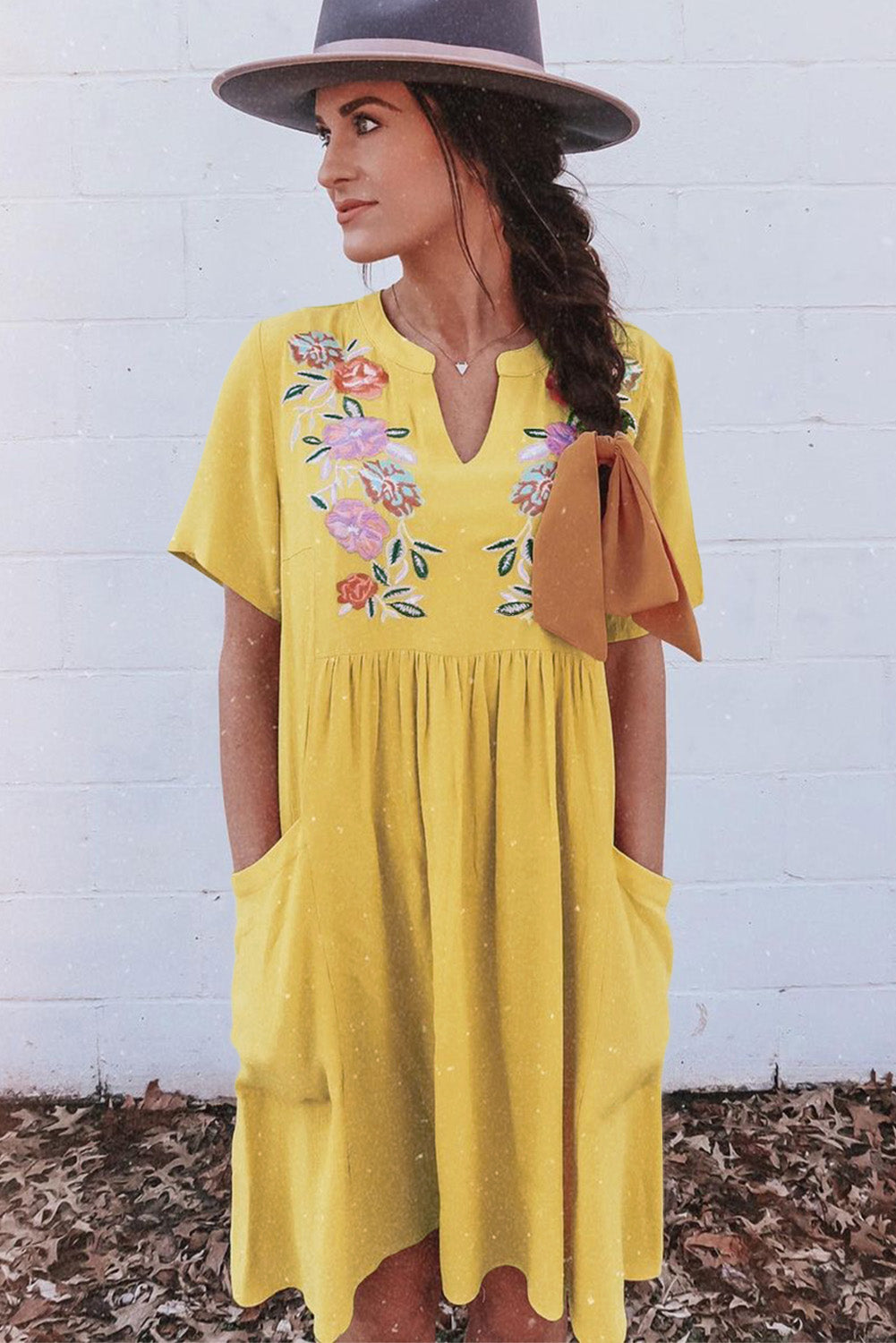 Yellow Split Neck Embroidered Floral Babydoll Swing Dress Floral Dresses JT's Designer Fashion