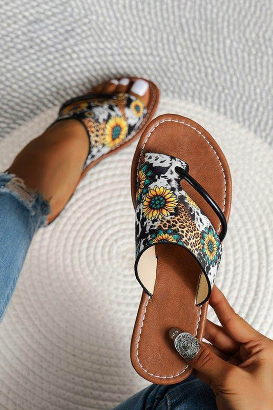 Multicolor Boho Sunflower Print Flat Flip Flops Slippers JT's Designer Fashion