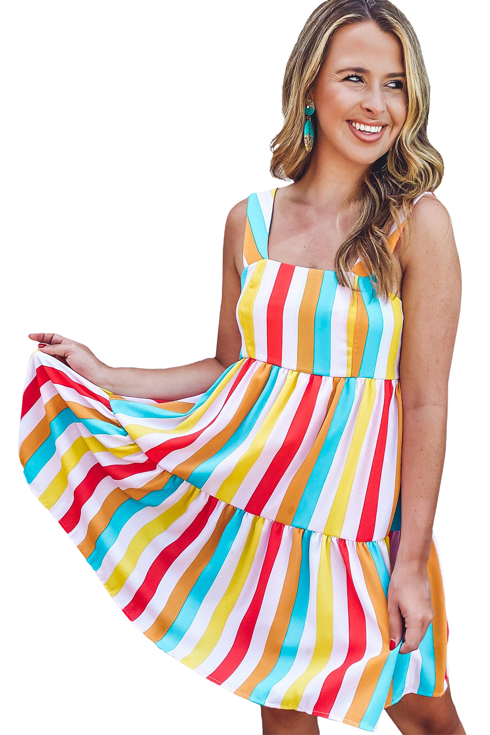 Multicolor Rainbow Stripe Print Tiered Sundress Mini Dresses JT's Designer Fashion