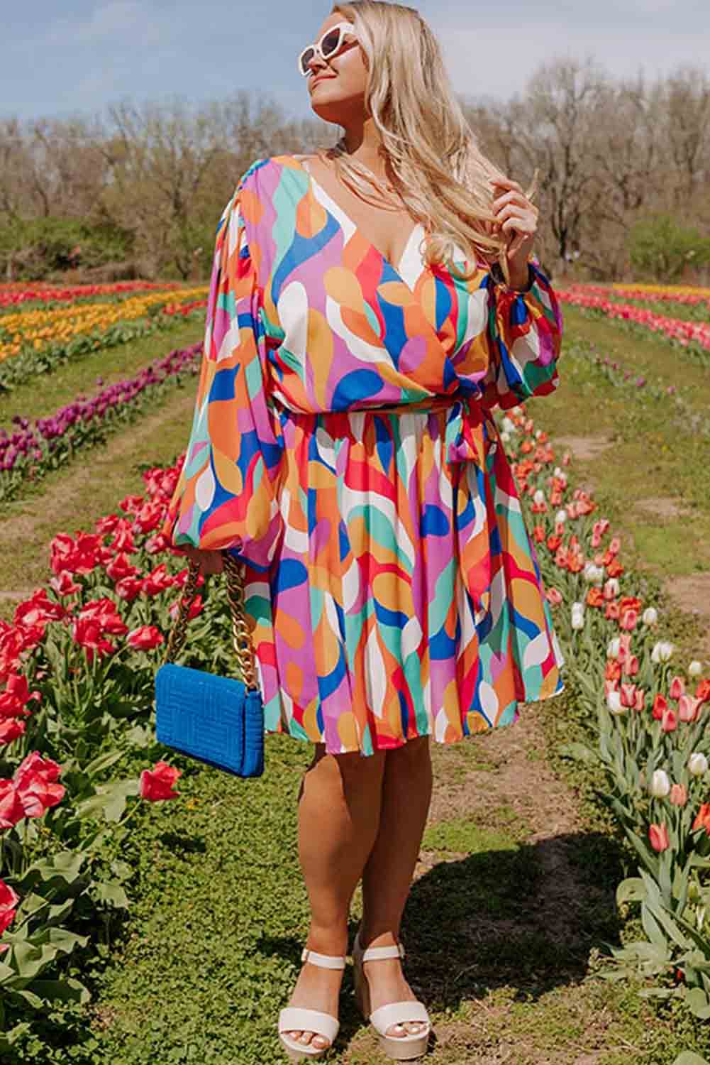 Multicolor Plus Size Abstract Print Wrap V Neck Bubble Sleeve Dress Dresses JT's Designer Fashion